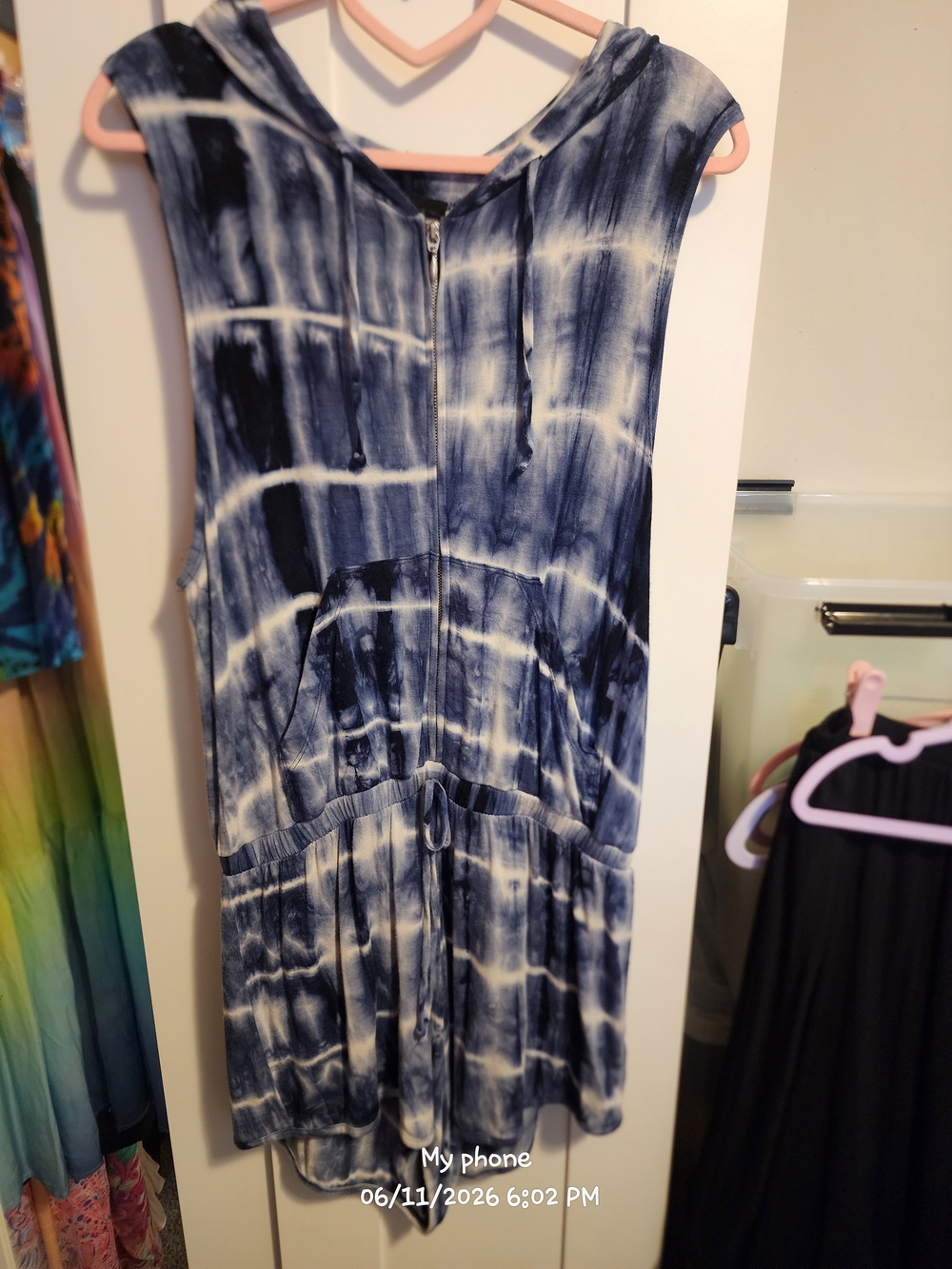 BeBop Navy and White Tie-Dye Hooded Romper
